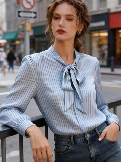Women's Elegant Striped Collared Long Sleeve Woven Shirt Spring
