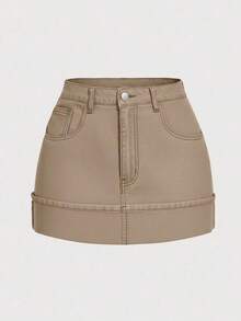 Minifalda de mezclilla casual de mujer con bloqueo de color lavado y parches - Caqui - Ver 1