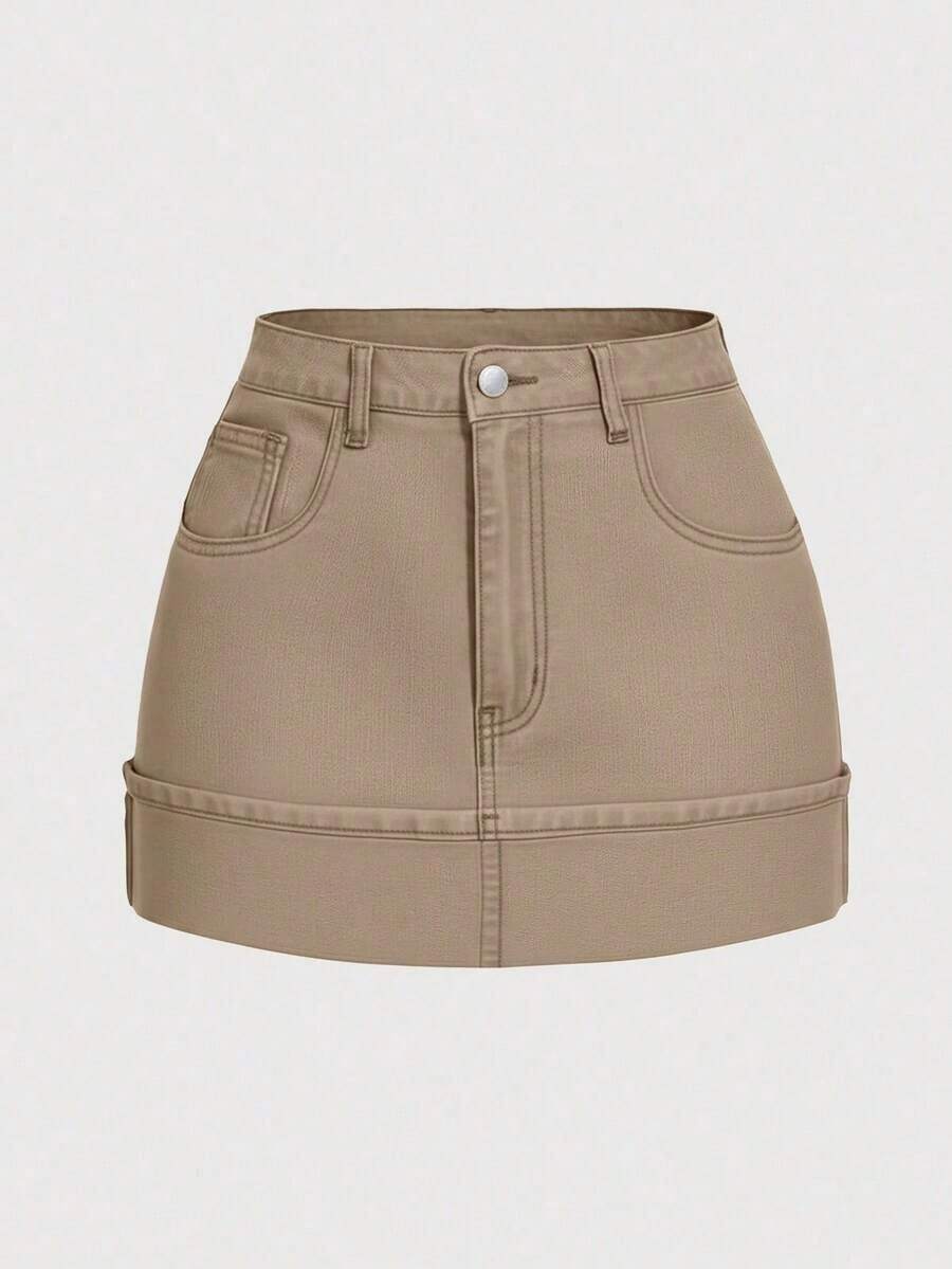 Minifalda de mezclilla casual de mujer con bloqueo de color lavado y parches - Caqui - Ver 1