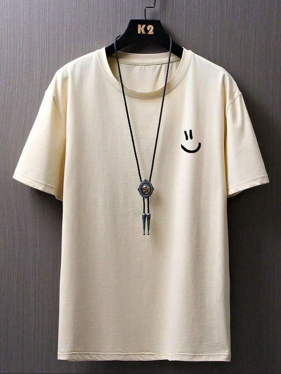 Hombres Camiseta de hombros caídos con estampado de expresión - Caqui - Ver 1
