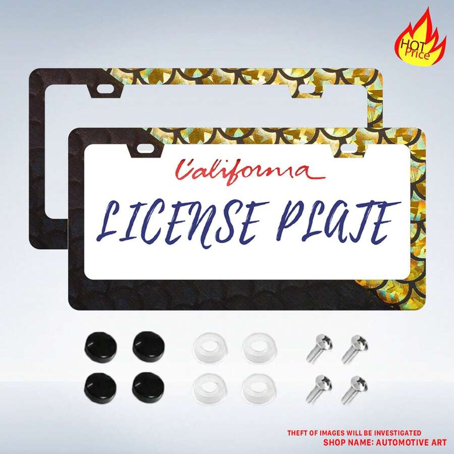 2pcs Black And Golden Retro And Fun- Looking Car- Decorative License Plate Frame With Scallop Pattern, Made Of Metal, 15.24x30.48 Cm, 2- Hole Style Without Obstructing License Plate, With Screw Set, Meets US And Canadian Auto Standards - A - View 1