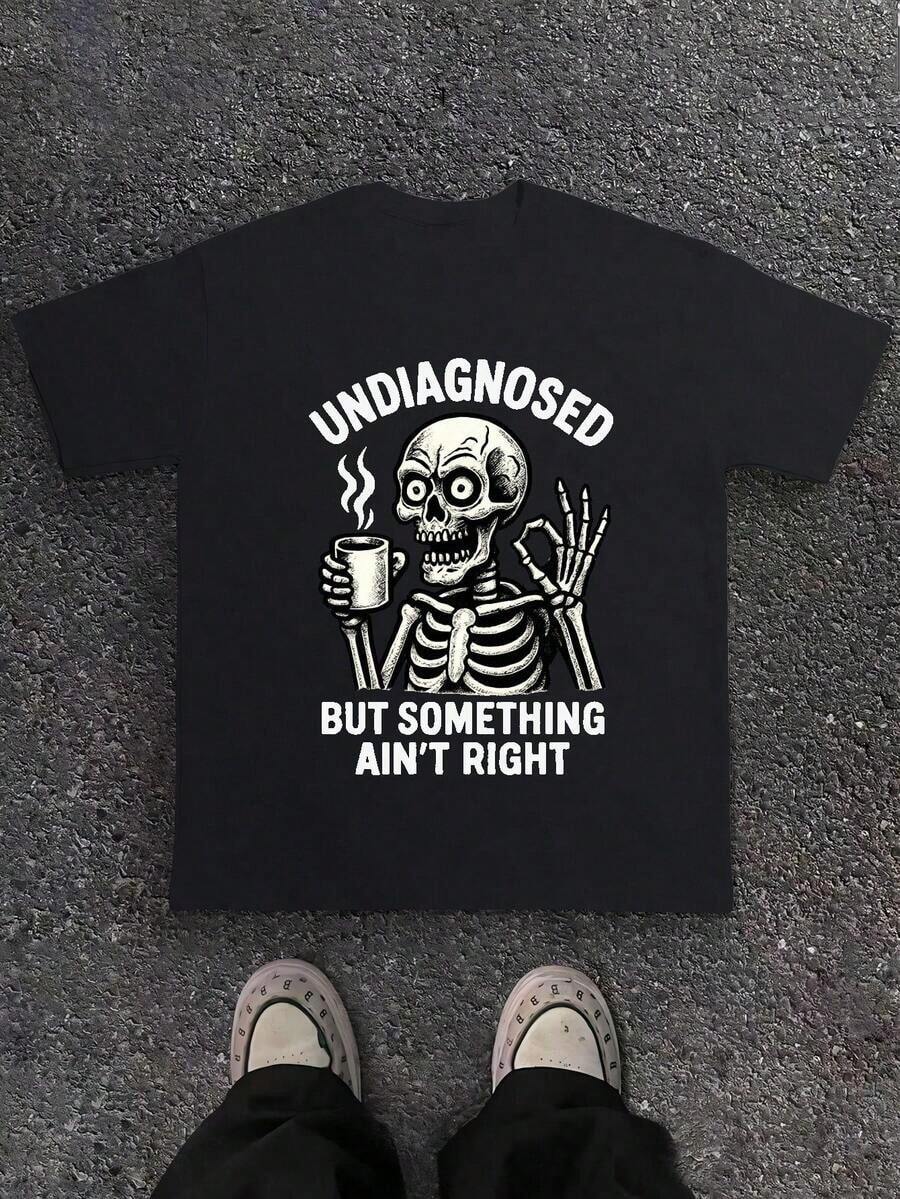 1pc UNDIAGNOSED BUT SOMETHING AIN'T RIGHT Graphic Print Casual Crew Neck T-Shirt For, Clothes, Summer Outfits, Streetwear Tops, Comfortable Fit Graphic Tees, Daily Wear Clothes, School Wear, Gift,Perfect For Spring/Summer Single Wear Or Layering, Ideal For Travel & Sports - 黑色 - 查看 1