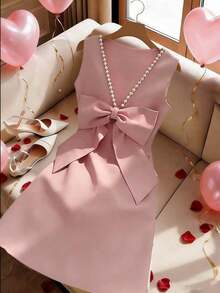Women's Red Backless Beaded Bow Decor Sleeveless Dress - Rosa - Ver 3