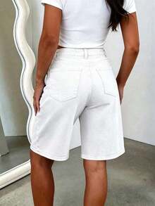 Classic Casual Boyfriend Style Denim Knee Length Shorts For Men, With Pockets, Buttons And Zipper, Straight Leg, Non-Stretch Fabric Summer - Blanco - Ver 2
