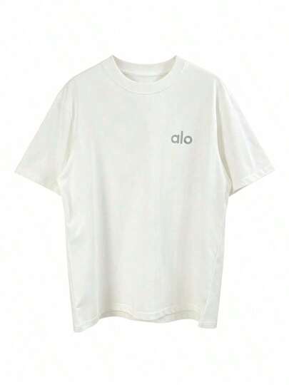  Alo Yoga White T-Shirt With Side Logo, Loose Fit, Short Sleeves, Sporty And Casual, Unisex Top.