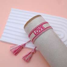 1pc Embroidered Love Letter Boho Handmade Tassel Braided Bracelet - Hot Pink - View 2
