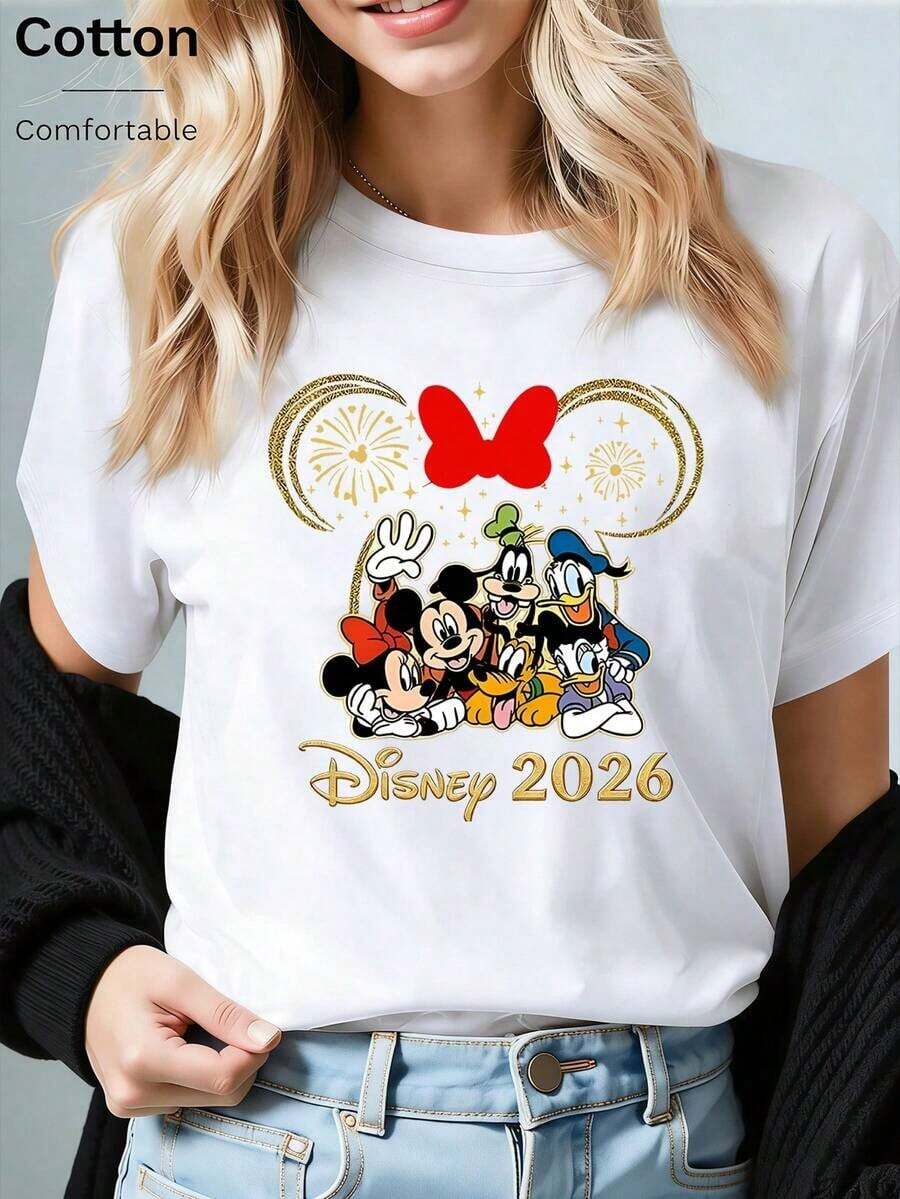 Loose Fit "Disney 2026" Fireworks Mickey Companion Collection Printed T-Shirt, Suitable For Summer And Spring, Short Sleeved Top, Women's Clothing, Holiday Gift Party Clothing. -- Disneys Disneyland Paris The Magic Kingdom Disneyesque The House Of Mouse Mickey Mouse Empire Modest Summer Outfits Take That T Shirt Summer Coord Tops For Women Summer Summer Clothes Women Summer Clothes Summer Tops Summer Tops Women Summer Co Ord Summer Top Summer Outfits White Top Black Top Holiday Outfits For Women Tops For Women Summer Holiday Gifts Valentine's Day Gifts Earth Day Gifts Oktoberfest Gifts Summer Bank Holiday Gifts - trắng - Xem 1