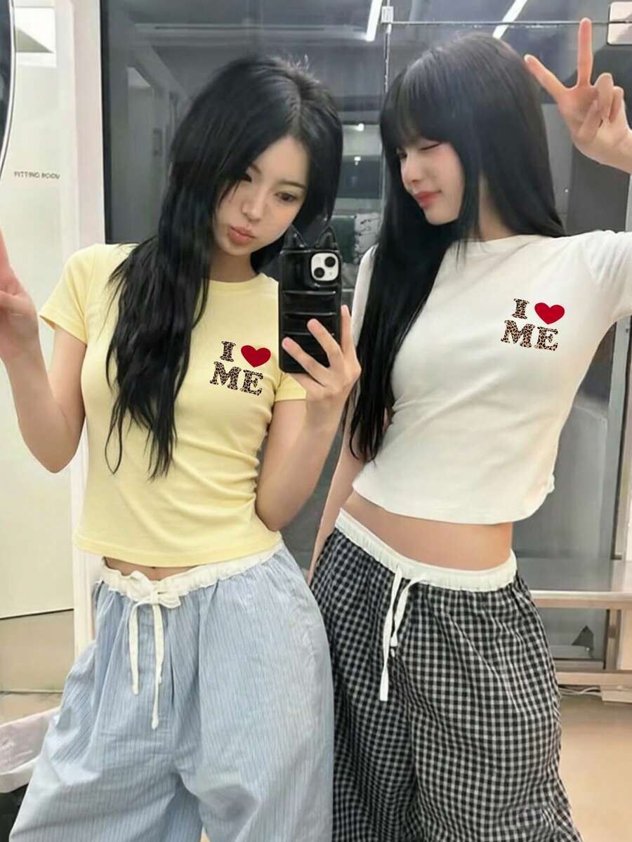 2件組女款圓領短袖T恤,夏季新款豹紋與字母圖案,百搭修身短版上衣休閒款 - 白色+黃色 - 查看 1