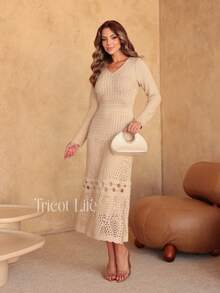 Elegant Women's Midi Knit Dress With Long Sleeves And Lace, Mermaid Style, Ideal For Winter Parties, Shapes The Body. - 沙 - 查看 7