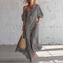 Women's Elegant Striped Off-Shoulder Maxi Dress - Fashionable For Spring - 黑色 - 查看 4