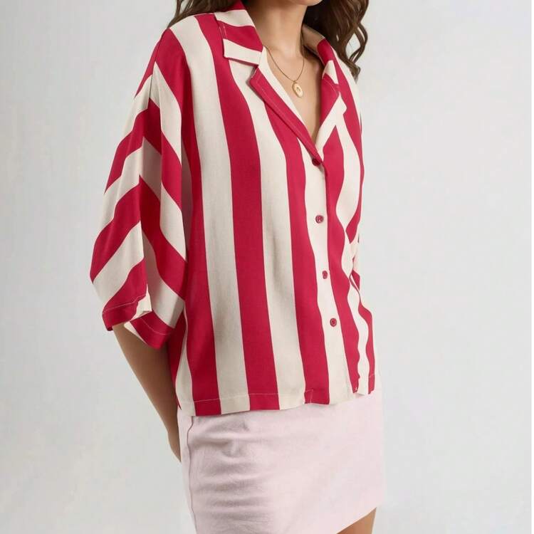 Relaxed Fit Striped Button-Down Shirt Carnation Pink - Red - View 3