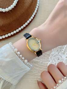 1pc Women's Fashion High-End Quartz Wrist Watch With Roman Numeral Oval Fully Paved Diamonds, Versatile Stylish - Black - View 4