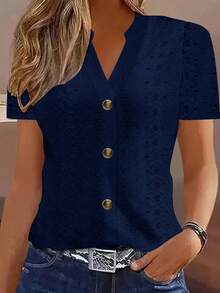 Tops Y2k, blusa informal de verano para mujer, Tops de manga corta con botones y cuello en V, blusas elegantes a la moda, camisas informales holgadas de colores sólidos - XF7780 Azul marino - Ver 5