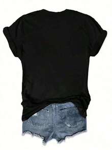 1 pieza CRUISE LIFE Camiseta con estampado de letras "Summer Vibe", "Hello Summer", camiseta de vacaciones para mujer con cuello redondo, manga corta deportiva, 210g 100% algodón, los diseños están completamente impresos. Unisexo. - Negro - Ver 2