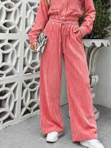 Women's Corduroy Long Sleeve Two-Piece Set, Elegant Casual Aerolook, Perfect Fit, Jacket With Buttons And Functional Pockets, Sizes M And L, Premium Quality, Various Colors Available, Autumn/Winter Season, Warm - 珊瑚粉 - 查看 5