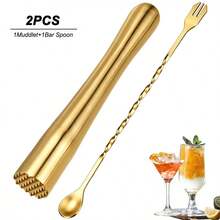 8.9-Inch Premium Stainless Steel Cocktail Muddler And 10.2-Inch Long-Handle Bar Mixing Spoon, Home Bar Tool Set, Bar Accessories Tools, Suitable For Mojito Juice Drink - Gold - View 15