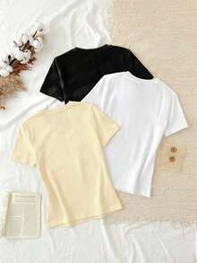 Conjunto de 3 piezas de camisetas de manga larga de ajuste ceñido con cuello redondo, estilo minimalista casual, 95% algodón, para mujer - Multicolor 2 - Ver 2