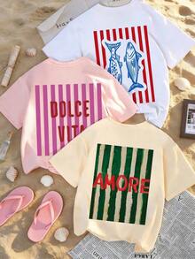 camisetas 3 piezas/set de camisetas de manga suitable for streetwear, Top oversized cuello redondo daily outings, camping, concerts, hip-hop, rock, and rap events cuello redondo con estampado de rayas y letras, de estilo minimalista y casual, versátiles y de moda para mujer - Blanco - Ver 7