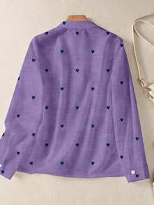 Camisa de mujer de manga larga con botones y bolsillos, con estampado romántico de corazones, adecuada para otoño, invierno y primavera - Morado - Ver 3
