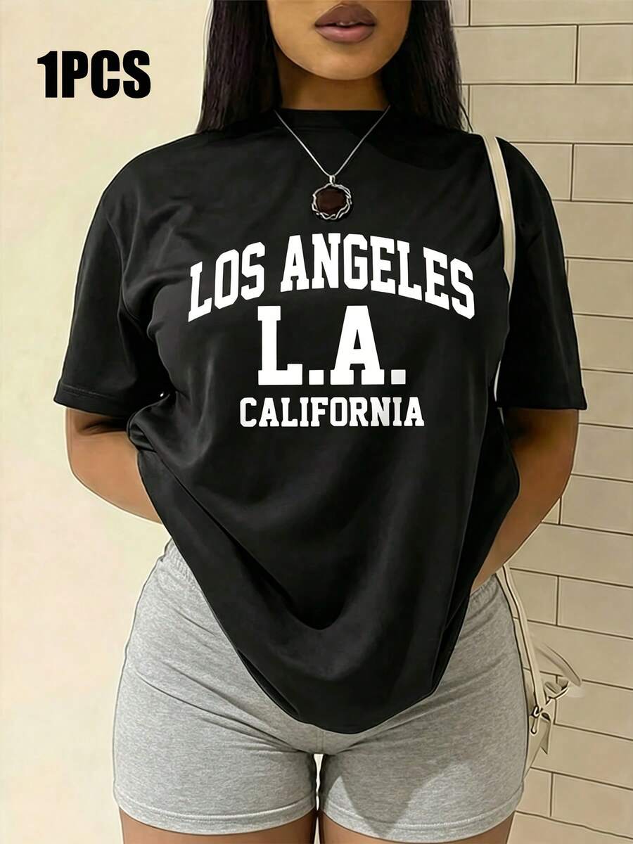 California Street Style LOS ANGELES Letter Pattern Print, Women's Round Neck Short Sleeve T-Shirt, Women's Sports T-Shirt, Everyday Fashion, Casual Style, Suitable For Daily Wear - Vintage Street Style Unisex Loose Cotton Short Sleeve Crew Neck T-Shirt Summer Style - 黑色 - 查看 1
