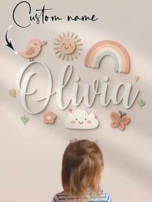 1pc Personalized Macaron Wooden Name Plate For Kids, Suitable For Children's Room, Nursery Decoration, Customizable Macaron Color, Wooden Children's Room Wall Decor, Back To School Gift - Beige - View 5