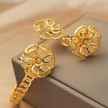 Conjunto de Pulseira e Anel Floral, Conjunto de Joias de Corrente Oca Elegante, Adequado como Presente do Dia das Mães para Senhoras, Usar para o Dia a Dia e Festivais - Ouro amarelo - Visão 5