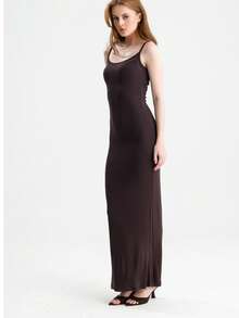 RoseArya Elegant Stretchy Long Strap Dress - Brown - View 6