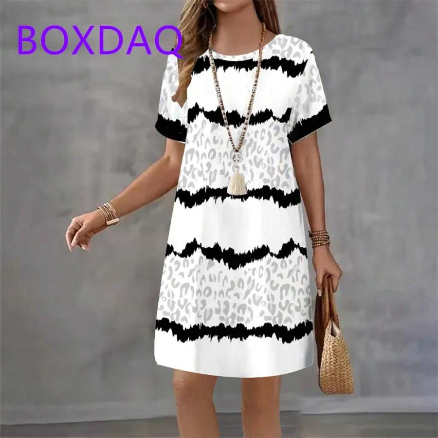 Vestido con estampado de rayas geométricas para mujer, vestido veraniego holgado informal de manga corta con cuello redondo, minivestido de playa para mujer - XD-DX8088 - Ver 1