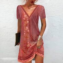 Vestido corto bohemio de verano para mujer, minivestido de manga corta con cuello en V, estampado Vintage de flores, holgado, elegante, para vacaciones en la playa - 03 - Ver 5