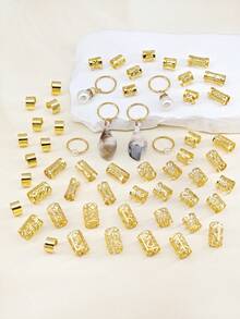 56pcs Luxury Beach Element Hair Rings With White Conch & White Pearls - Summer Adjustable Hair Cuffs, Coastal Boho Jewelry For Dreadlocks - Gold - View 3
