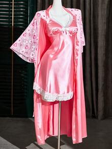 Conjunto de ropa de dormir de mujer con bata, de encaje y parches, elegante y ligeramente sexy de alta gama - Rosa - Ver 7