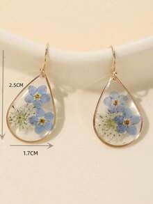 1pair Teardrop Shape Resin & Dried Flower Earrings With Glue Surface, Suitable For Women's Daily Wear,Natural Dried Flowers, Random Shapes And Colors Valentines,Mom,Mother,Mother's Day,Gift - 藍色 - 查看 5