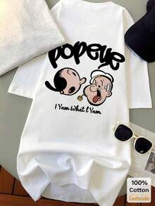 Camiseta de manga corta con estampado de dibujos animados, top casual de moda para mujer, blanca, estilo veraniego, 100% algodón, blusas de mujer, camisetas de algodón para mujer. - Blanco - Ver 2