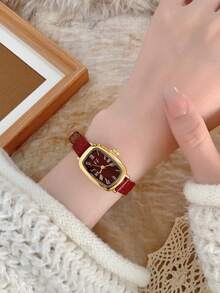 1pc Retro Style Adjustable Strap Quartz Women's Watch Elliptical With Roman Numeral Scale For Compact And Perfect For Daily - Red - View 7
