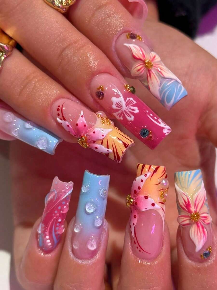 Bộ móng tay giả 3D hình cánh hoa bằng nhựa dễ thương phong cách Y2K, màu trắng, hồng, xanh dương, vàng, họa tiết da báo, kiểu móng Pháp, 24 miếng dán đầu móng vuông dài, phù hợp cho các quý cô công sở, sử dụng hàng ngày, hẹn hò, tiệc trà chiều. - Nhiều màu - Xem 1