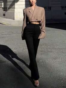 Pantalones rectos de talle alto de color negro sólido, elegantes y casuales, adecuados para uso diario, oficina, traslados, hogar, citas, pequeñas fiestas, eventos sociales ligeros en primavera - Negro - Ver 4