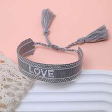 1pc Embroidered Love Letter Boho Handmade Tassel Braided Bracelet - Grey - View 5