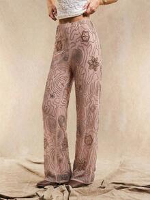 Pantalones rectos holgados de estilo bohemio con patrón de cuentas en color marrón para mujer, de verano - Rosa - Ver 4