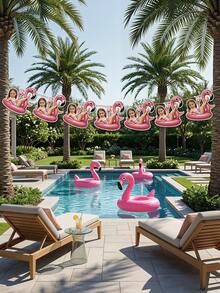 7/14/21pc Custom Photo Flamingo Pool Float Party Banner, Personalized Tropical Summer Face Garland, Custom Flamingo Bunting, Beach/Pool Birthday Decor, Unique Flamingo Float Themed Party Banner, Customizable Summer Pool Party Decoration - Multicolor - View 4