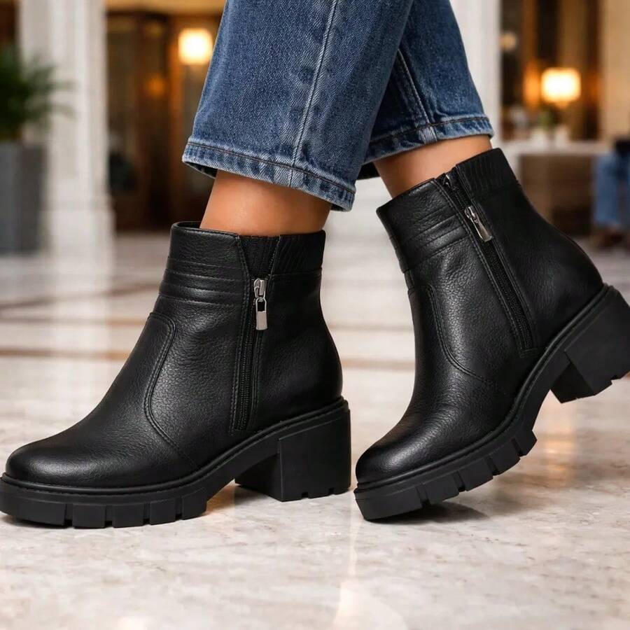 Women's Ankle Boot, Tractor Sole, Beira Rio Style, Soft And Lightweight With Zipper. - 黑色 - 查看 1