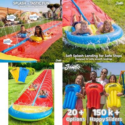 JAMBO 24 pies XL Slip Splash and Slide y 2 bodyboards, tobogán acuático resistente para césped, juguete de agua de verano con aspersor para patio trasero al aire última intervensión, diversión y