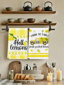 2 Piezas Toallas de cocina de estilo granja con limones amarillos en acuarela, decoración de granja pastoral con camión enano de limones de verano, suministros para fiestas, pañuelos adecuados para la cocina, el comedor y la mesa de comedor - Amarillo - Ver 1