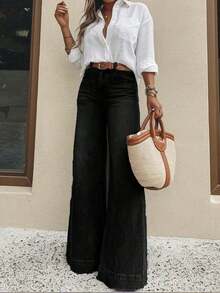 Jeans de tiro alto y pierna ancha para mujer, tela vaquera ligera y cómoda, jeans elásticos lavados, estilo largo elegante, uso casual de primavera/verano, versátil para diario/commute, moda callejera, ≥70% algodón - Negro - Ver 5
