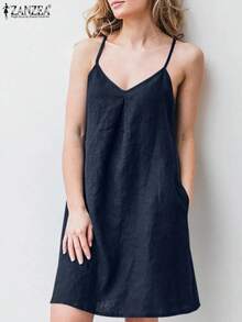 ZANZEA-vestido con tirantes y espalda descubierta para mujer, vestido liso sin mangas con cuello en V, informal, para fiesta y playa, de gran tamaño, 2023 - Marina de - Ver 5