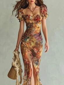 Vestido nuevo de escote en V con cintura ajustada y volante, de estilo elegante - Dorado - Ver 4