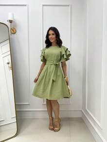 Short Midi Dress With Puff Sleeves, Ruffles, Layers, Party Skirt, Elegant, Evangelical Style. - 綠色 - 查看 3
