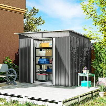 Outsunny 9' X 6.5' Garden Storage Shed With Skylight, Metal Outdoor Shed Tool House With Double Doors For Patio Yard, Dark Grey