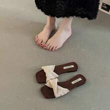 Sandal Selop Tenun Sol Tebal Ujung Persegi Bergaya Prancis untuk Wanita, Sandal Platform Wedges Chic untuk Liburan - Krem - View 5