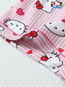 SANRIO 三丽鸥女士睡衣套装，Hello Kitty条纹爱心印花短袖口袋上衣和蝴蝶结短裤休闲家居服 - 粉色 - 查看 7