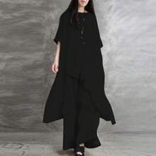 Conjunto de 2 piezas de algodón y lino para mujer, ropa deportiva informal de talla grande, traje de manga corta con cuello redondo, Top y pantalones de pierna ancha - BLANCO - Ver 2